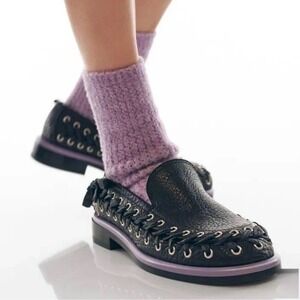 $649 NWOB AGL Loafers size 40 Black Lavender Ribbon Lace Up Leather Italian Goth